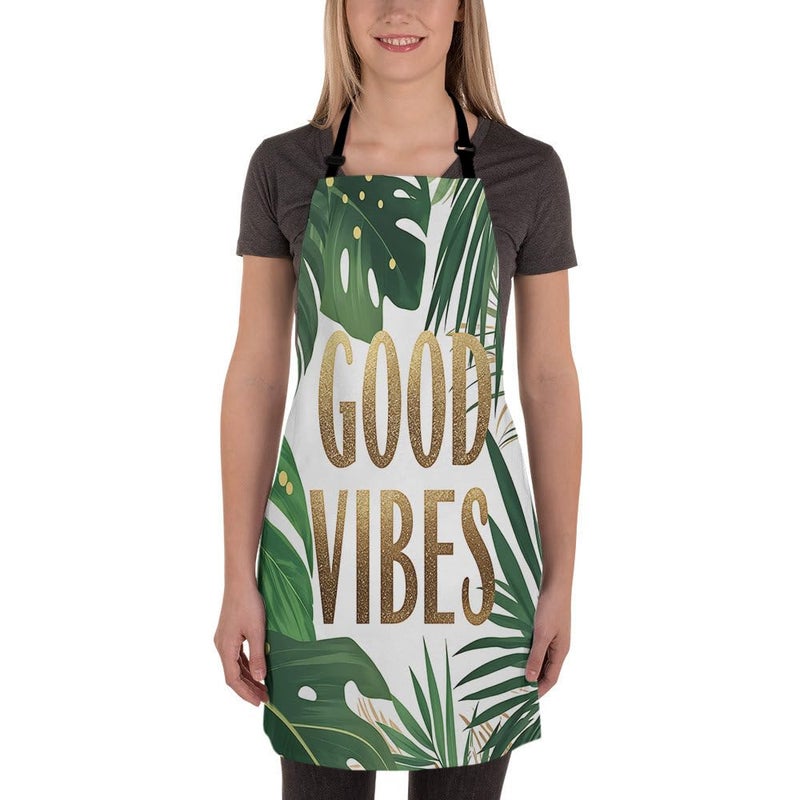 Moslion Palm Leaf Apron 31x27 Inch Hawaii Tropical Jungle Tree Leaves Word Kitchen Chef Waitress Cook Aprons Bib with Adjustable Neck for Women Men Girls Green - Image 2